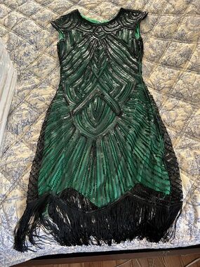 Emerald Green Beaded Fringe Cocktail Mini Dress